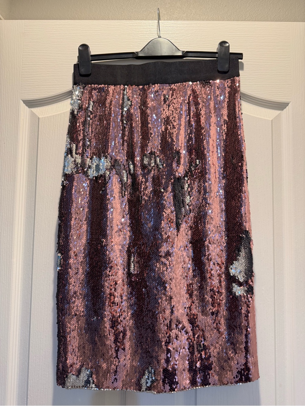 Milly Reversible Sequin Midi Skirt in Rose Pink and Silver